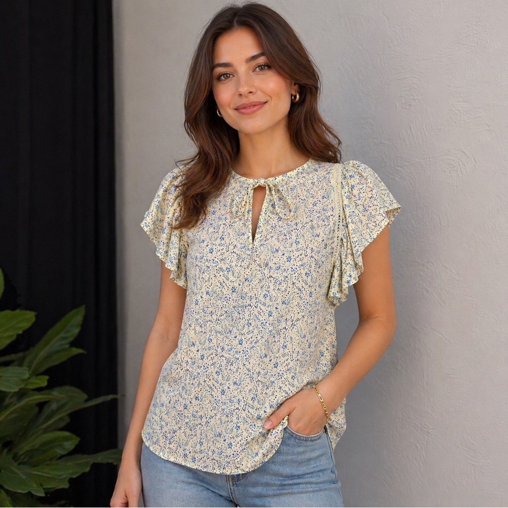 Lucky Brand Yellow & Blue Floral Flutter Sleeve Blouse | Size Small